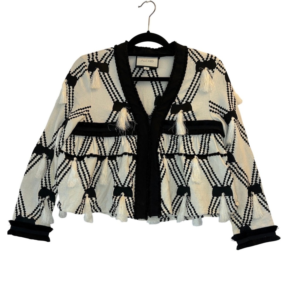 Alexis Tassel Geometric Zip Front Blazer Jacket Size Medium Black White Tassle